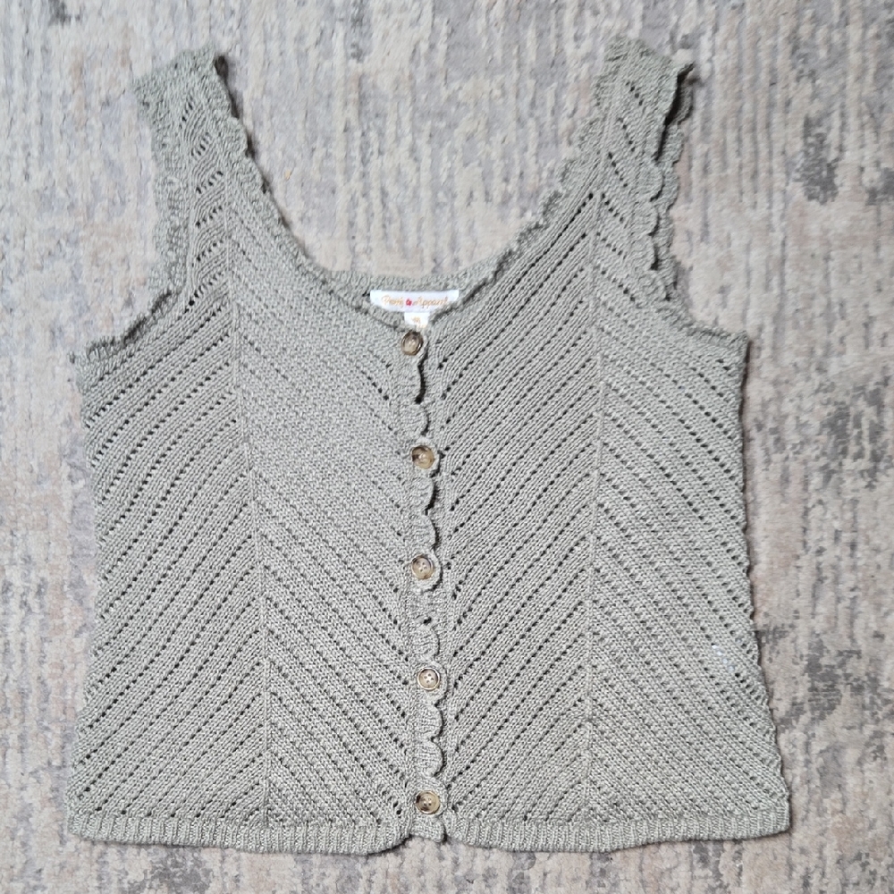 Green Knit Button-Up Tank Top Boho Crochet Sleeveless Womans Medium Festival